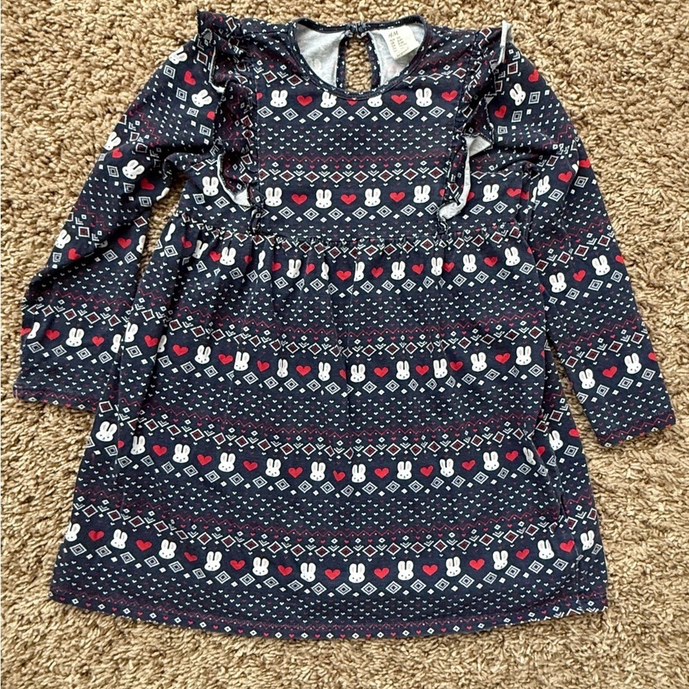 H&M Toddler Dress | Navy Bunny & Heart Print | Ruffle Detail | Size 4